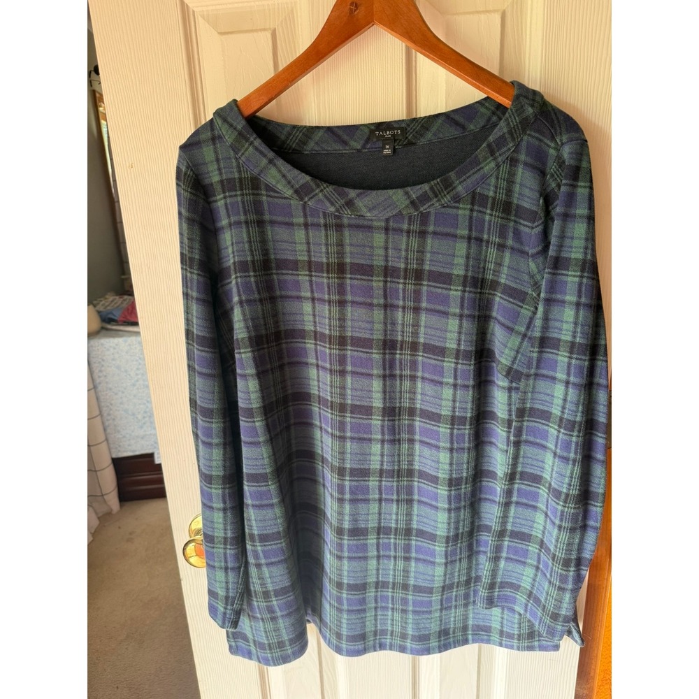 Talbots Plus Womens Long Sleeve Top Size 1X Blue Green Plaid Holiday Casual